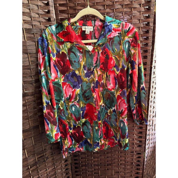 Coldwater Creek Top Womens M Medium Fun Floral ARt 2 wear Stretch button down - Picture 1 of 13